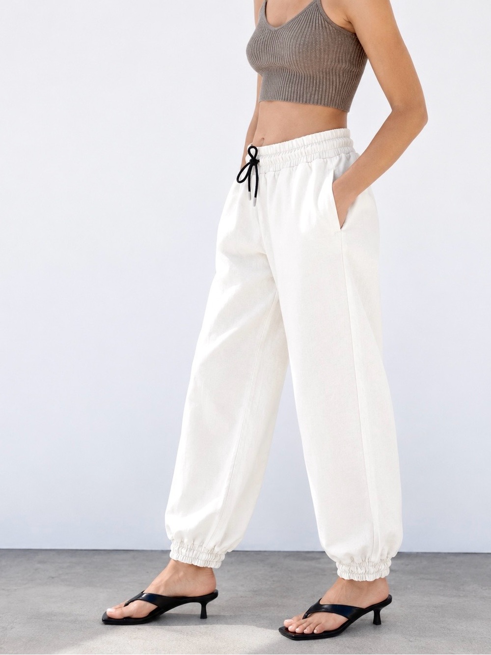 Zara Cream Drawstring Jogger Casual Pants, XXL